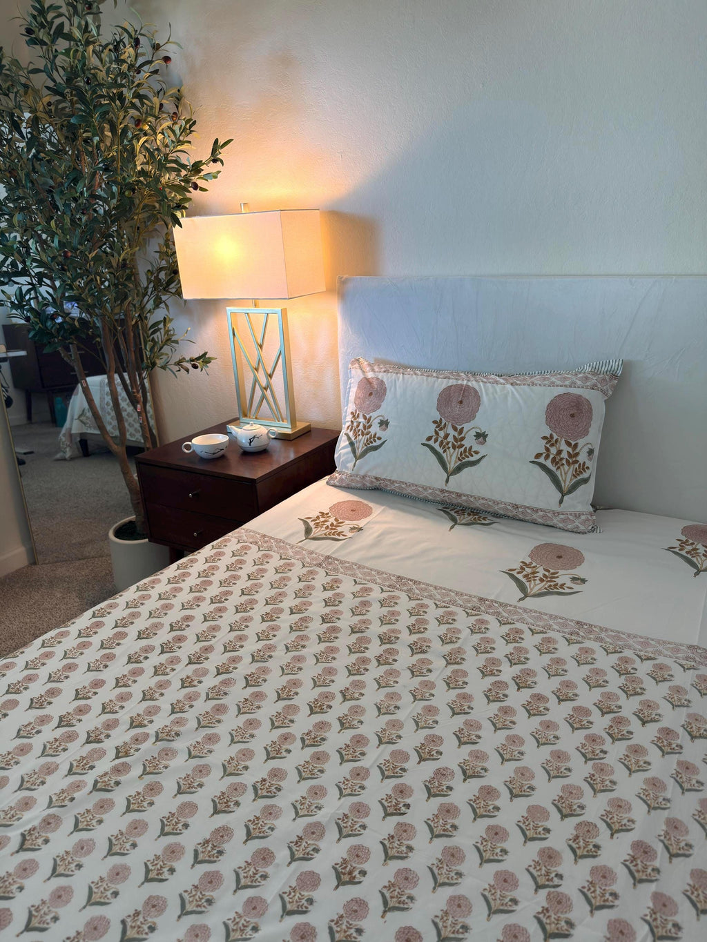 Flat or Fitted Hand Block Printed Peach Dahlia Lightweight Sheet (King, Cal King, Queen, Twin sizes available)