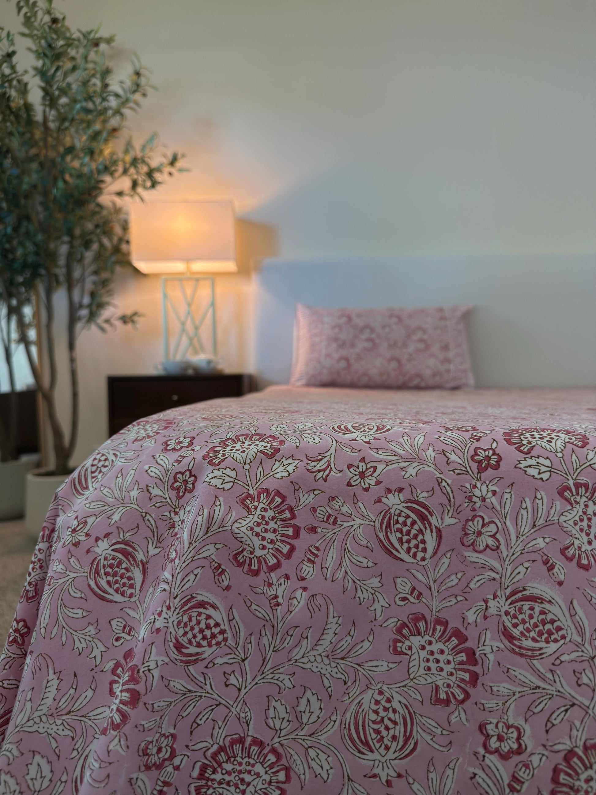 Flat or Fitted Hand Block Printed Pink Floral Lightweight Sheet (King and Queen sizes available)