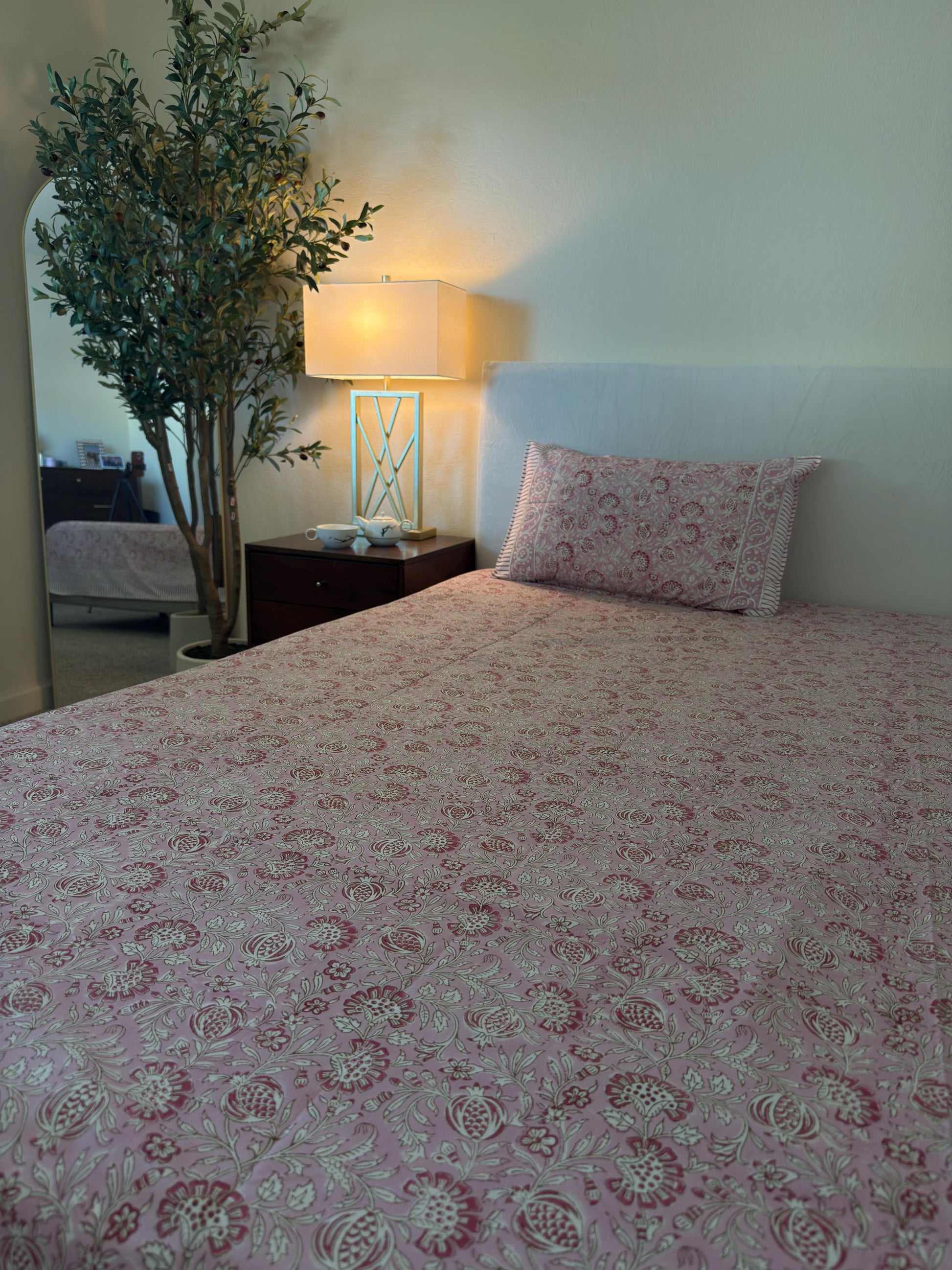 Flat or Fitted Hand Block Printed Pink Floral Lightweight Sheet (King and Queen sizes available)