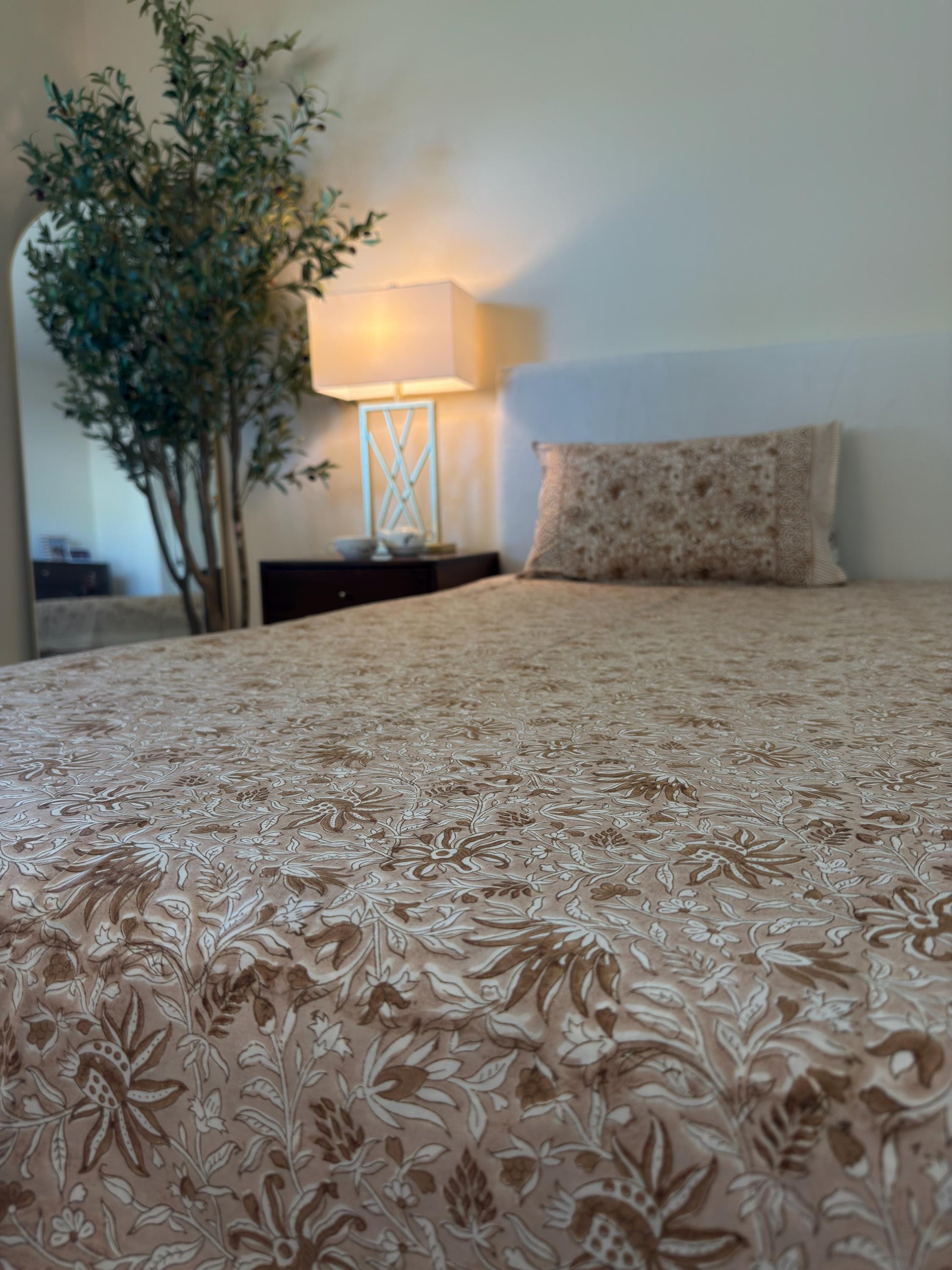 Vintage Style Jaipuri Hand Block Floral Percale Cotton Oversized King Flat Sheet (Brown base with floral pattern)