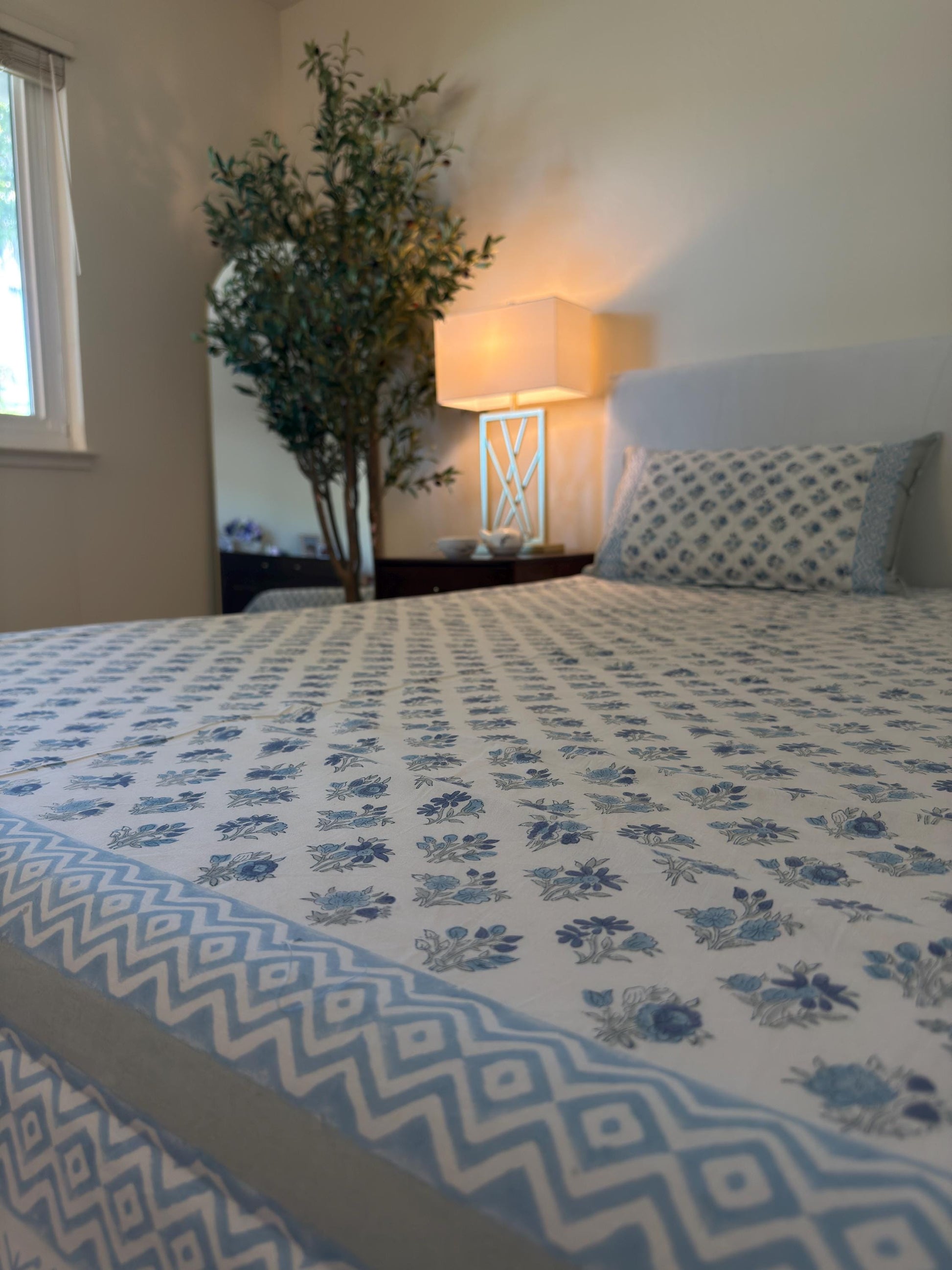 Vintage Style Jaipuri Hand Block Blue Floral Percale Cotton Flat or Fitted Sheet (King and Queen sizes available)