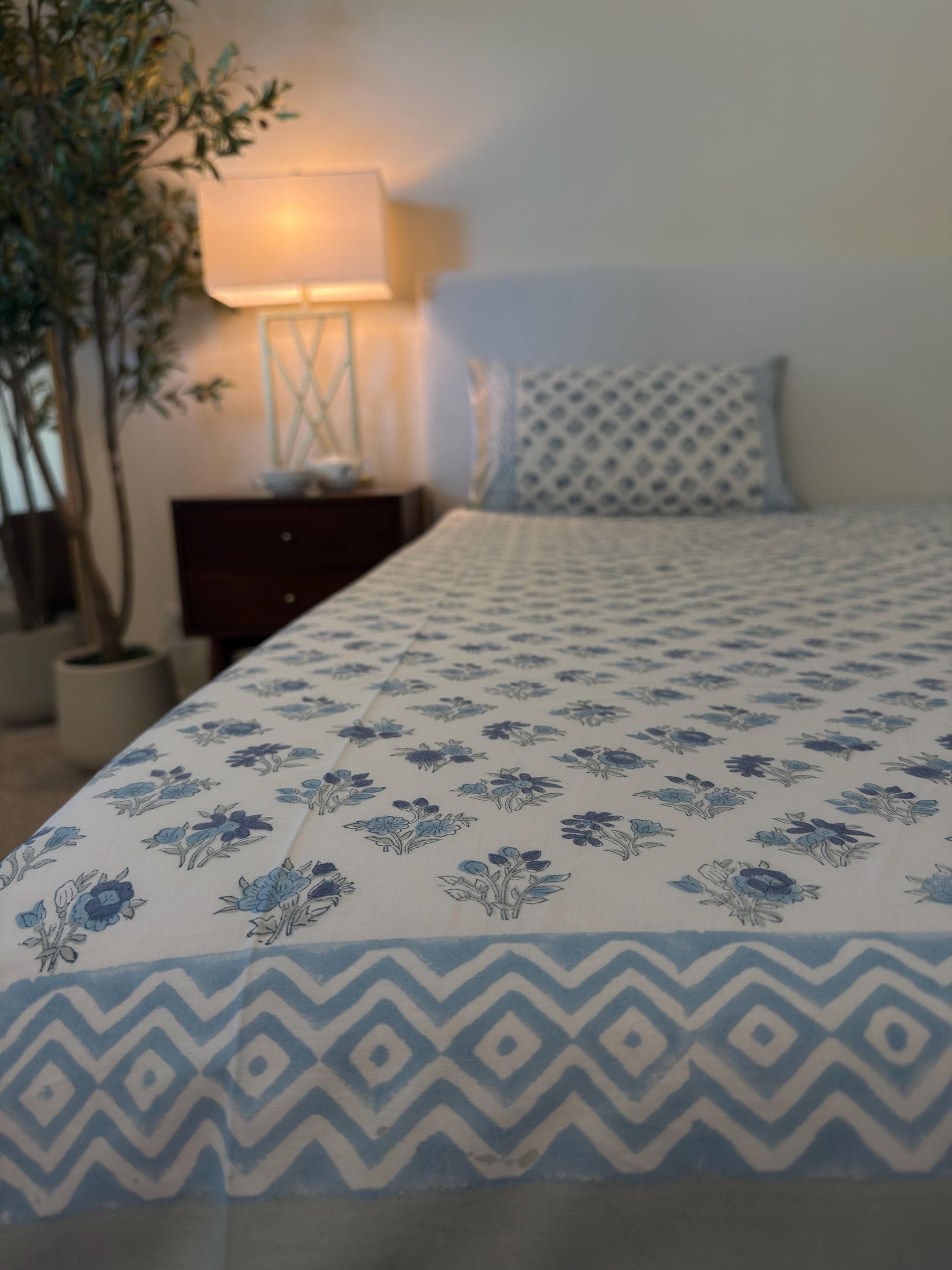Vintage Style Jaipuri Hand Block Blue Floral Percale Cotton Flat or Fitted Sheet (King and Queen sizes available)