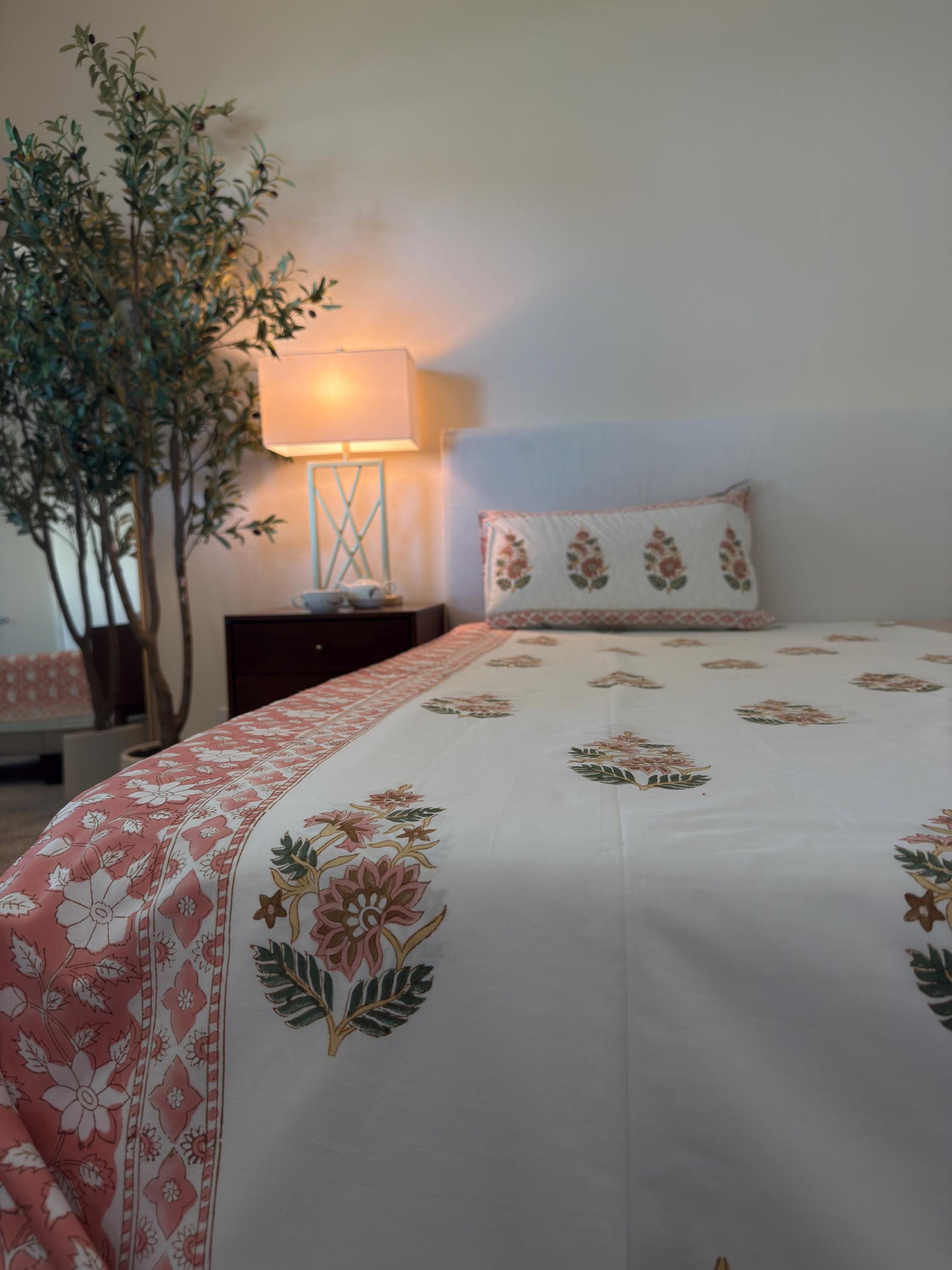 Flat or Fitted Hand Block Printed Peach Floral Percale Cotton Sheet (King and Queen sizes available)
