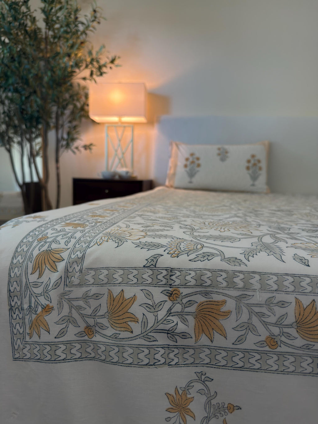 Flat or Fitted Hand Block Printed Peach Floral Percale Cotton Sheet (King and Queen sizes available)