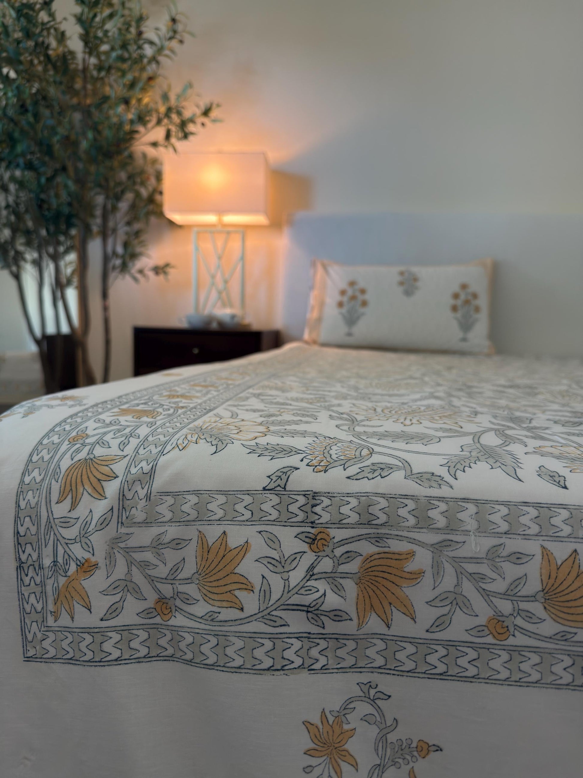 Flat or Fitted Hand Block Printed Peach Floral Percale Cotton Sheet (King and Queen sizes available)
