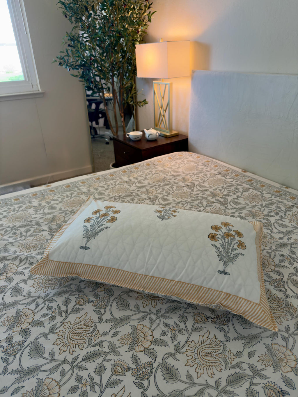 Flat or Fitted Hand Block Printed Peach Floral Percale Cotton Sheet (King and Queen sizes available)