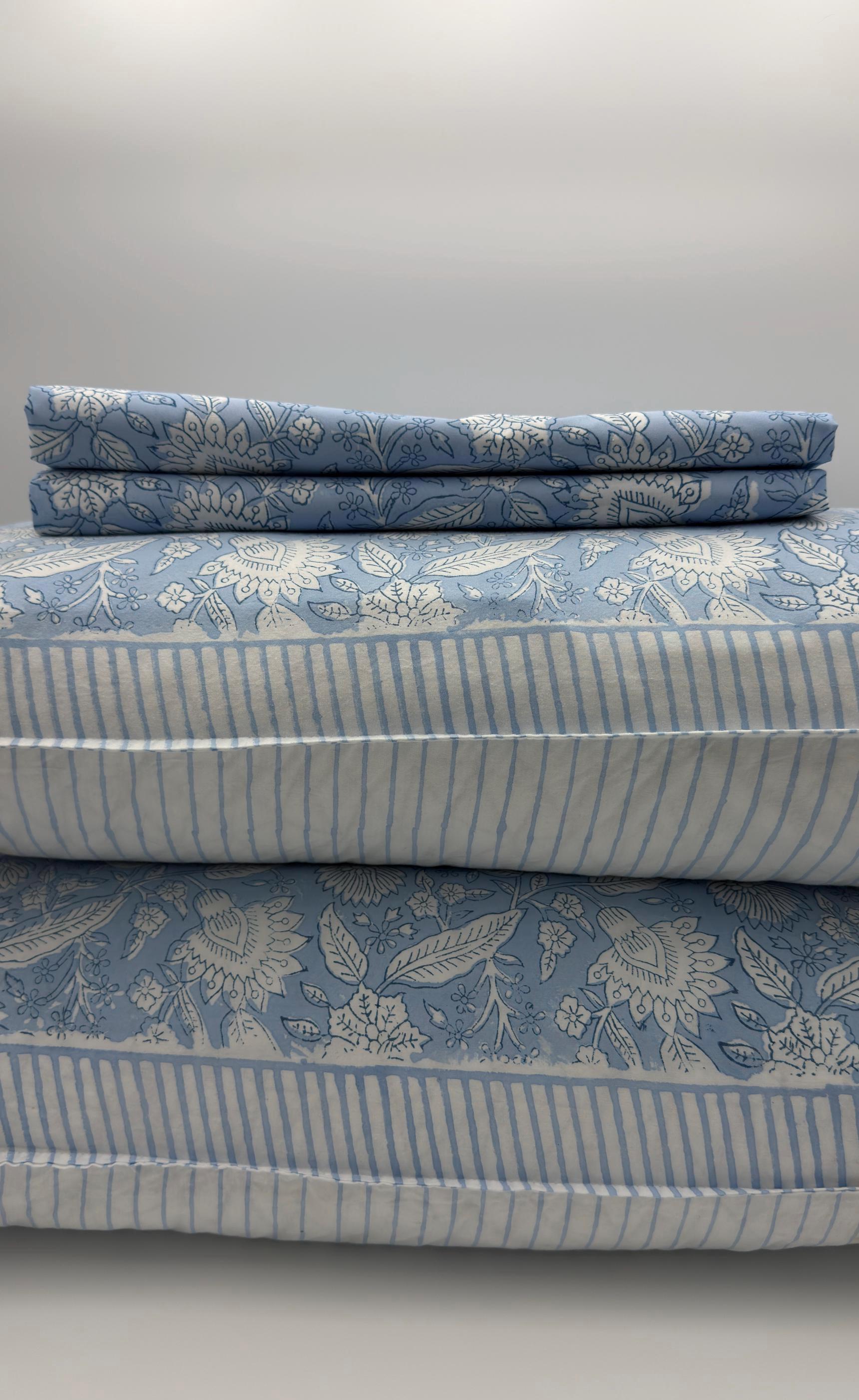 Vintage Style Jaipuri Hand Block Blue Floral Percale Cotton Flat or Fitted Sheet (King and Queen sizes available)
