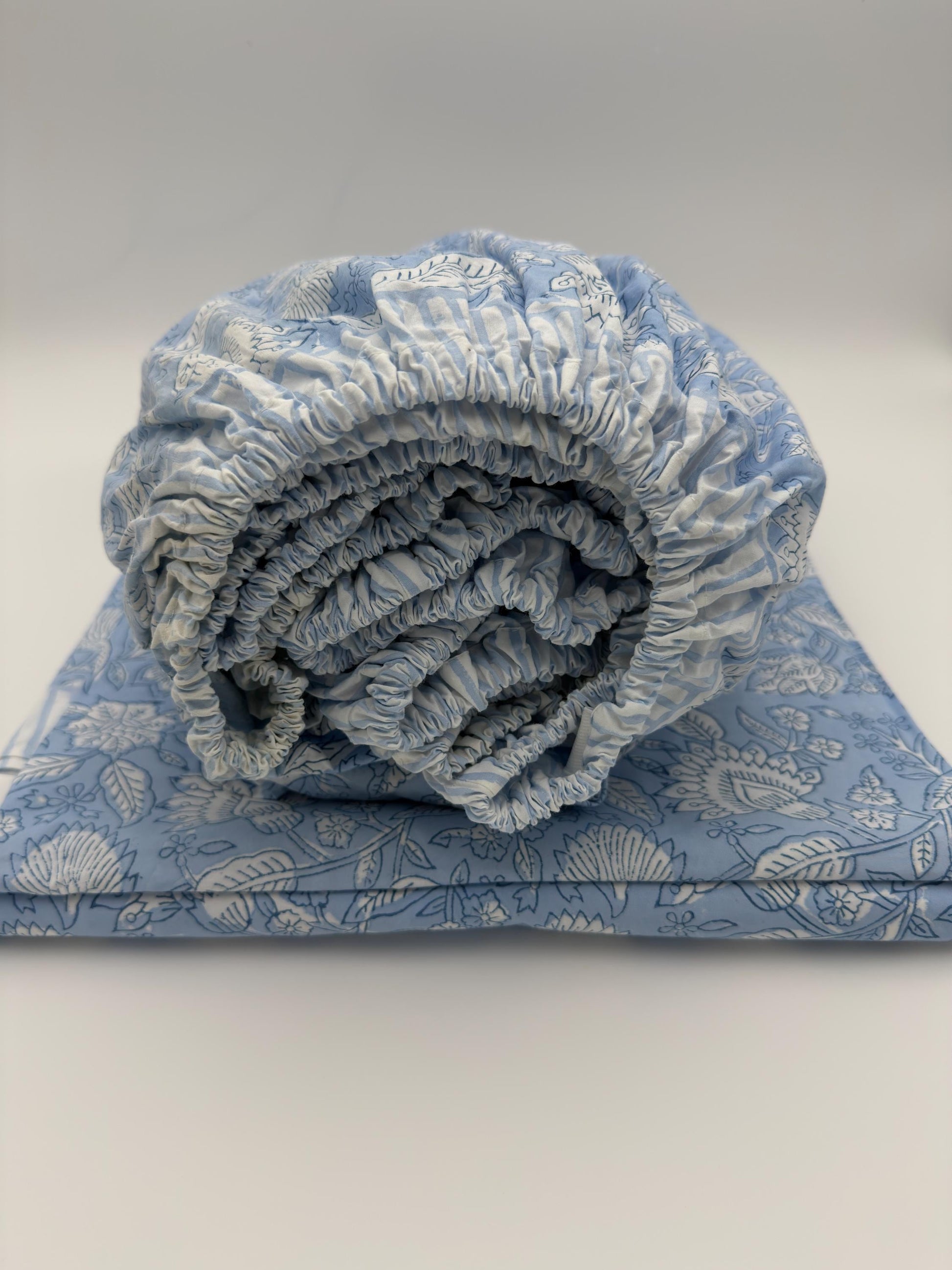 Vintage Style Jaipuri Hand Block Blue Floral Percale Cotton Flat or Fitted Sheet (King and Queen sizes available)