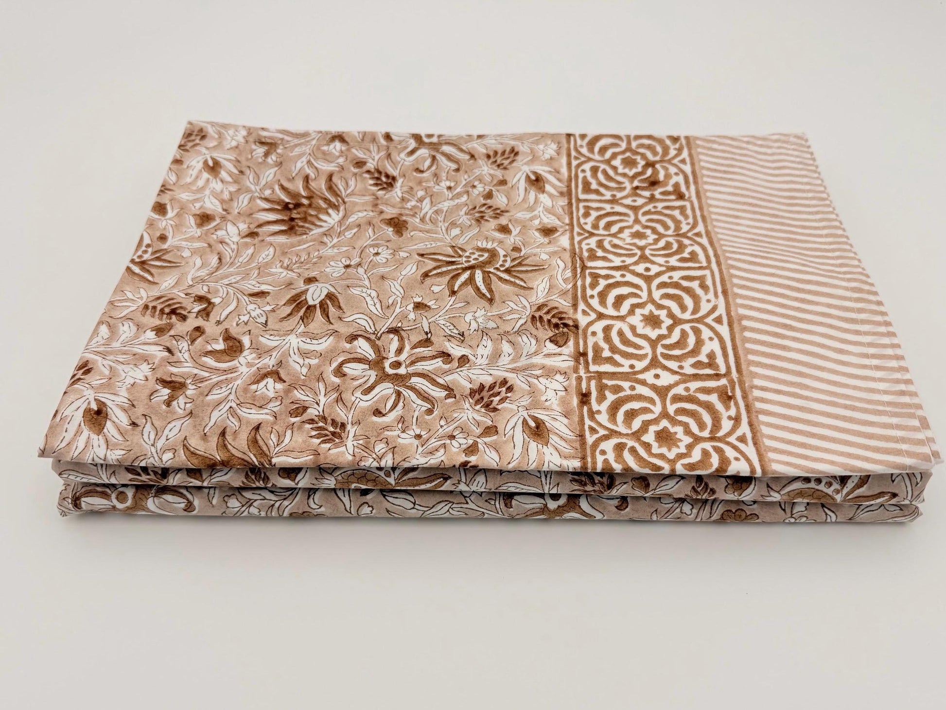 Vintage Style Jaipuri Hand Block Floral Percale Cotton Oversized King Flat Sheet (Brown base with floral pattern)
