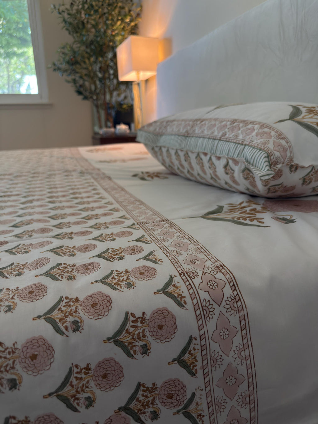 Flat or Fitted Hand Block Printed Peach Dahlia Lightweight Sheet (King, Cal King, Queen, Twin sizes available)