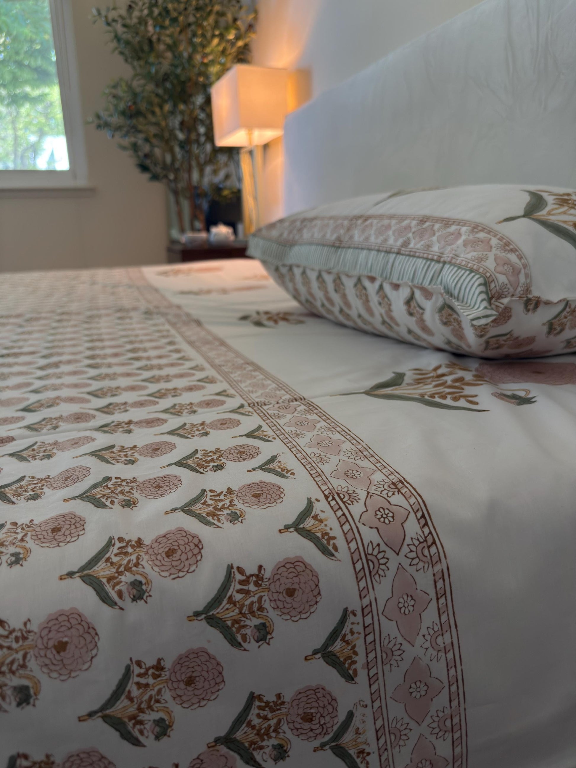 Flat or Fitted Hand Block Printed Peach Dahlia Lightweight Sheet (King, Cal King, Queen, Twin sizes available)