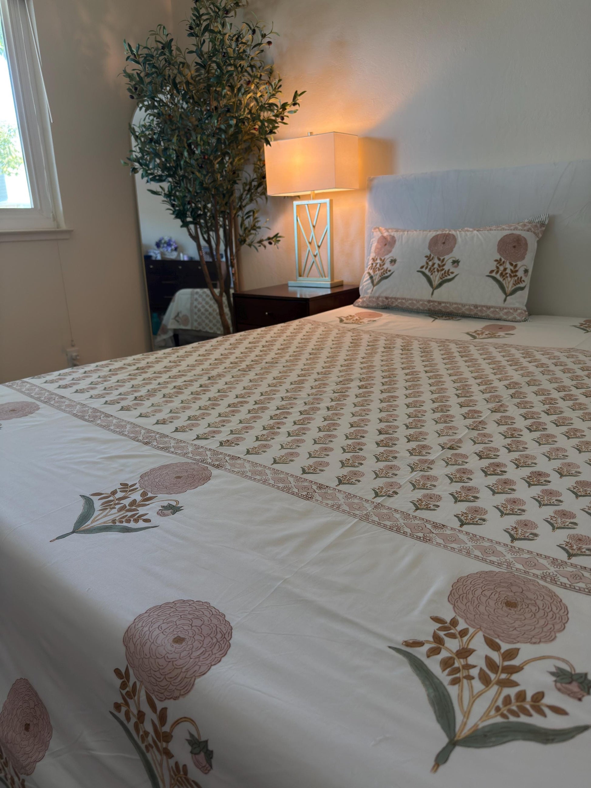 Flat or Fitted Hand Block Printed Peach Dahlia Lightweight Sheet (King, Cal King, Queen, Twin sizes available)
