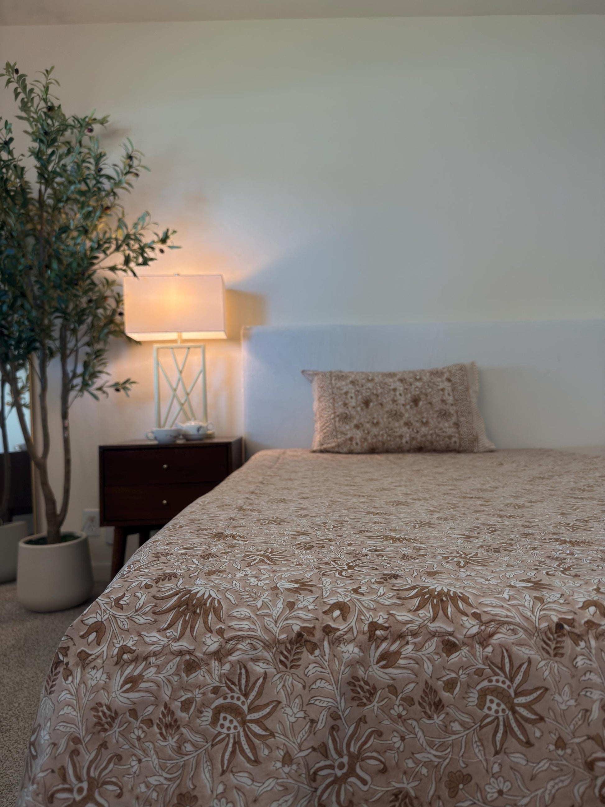 Vintage Style Jaipuri Hand Block Floral Percale Cotton Oversized King Flat Sheet (Brown base with floral pattern)