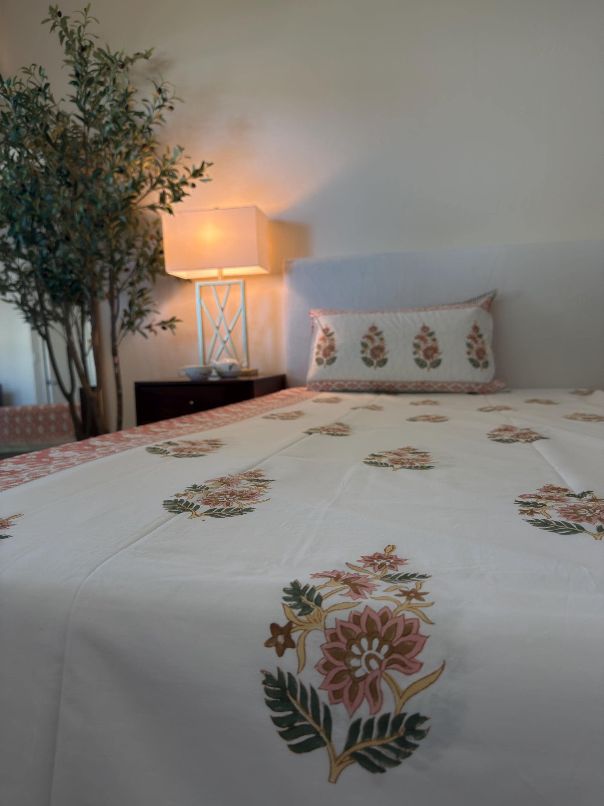 Flat or Fitted Hand Block Printed Peach Floral Percale Cotton Sheet (King and Queen sizes available)