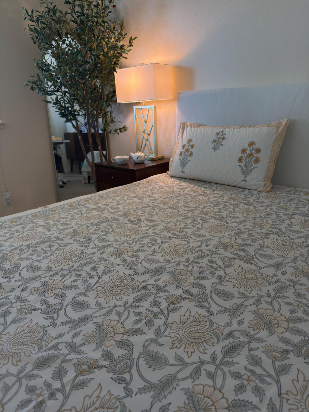 Flat or Fitted Hand Block Printed Peach Floral Percale Cotton Sheet (King and Queen sizes available)
