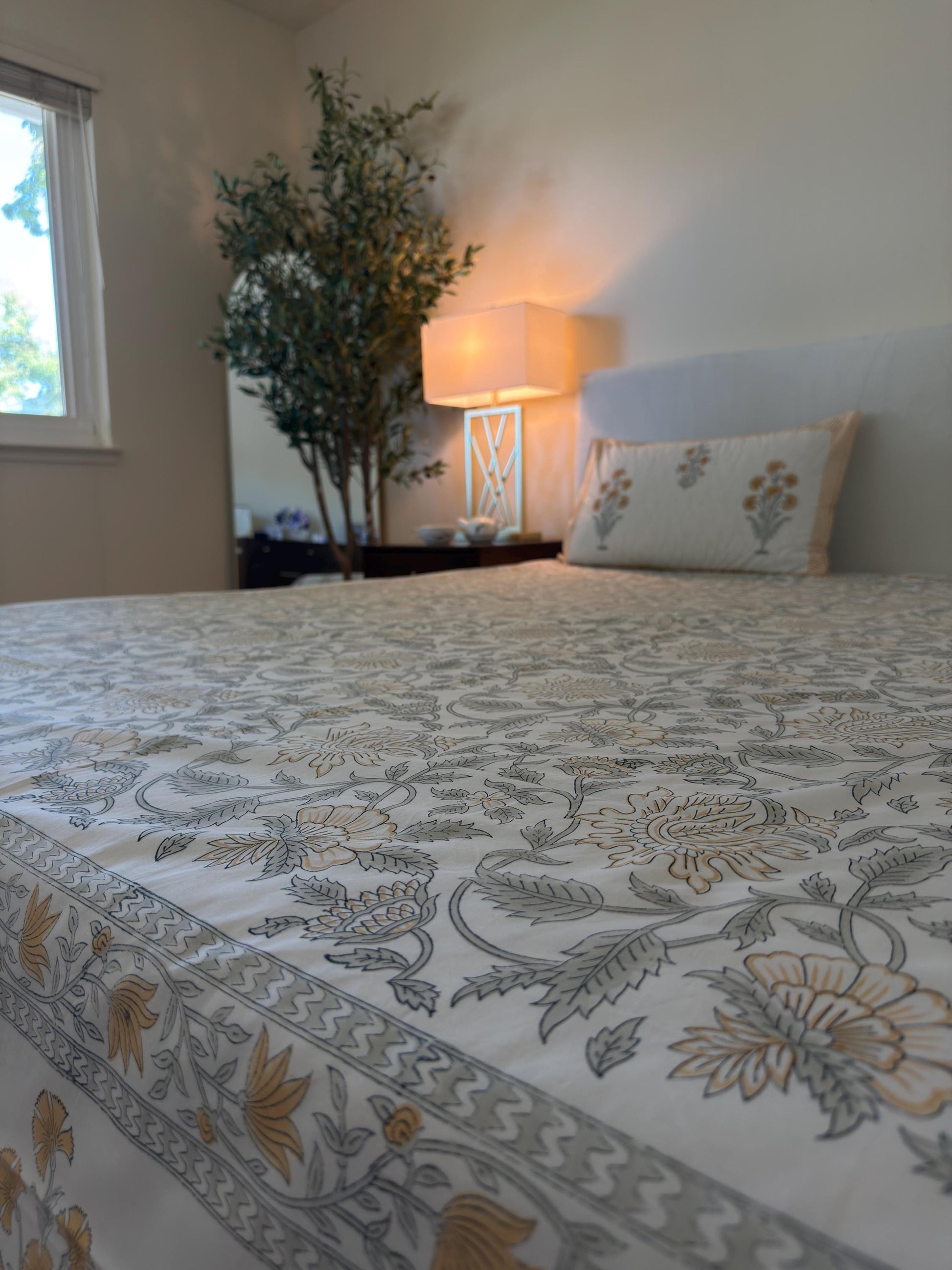 Flat or Fitted Hand Block Printed Peach Floral Percale Cotton Sheet (King and Queen sizes available)