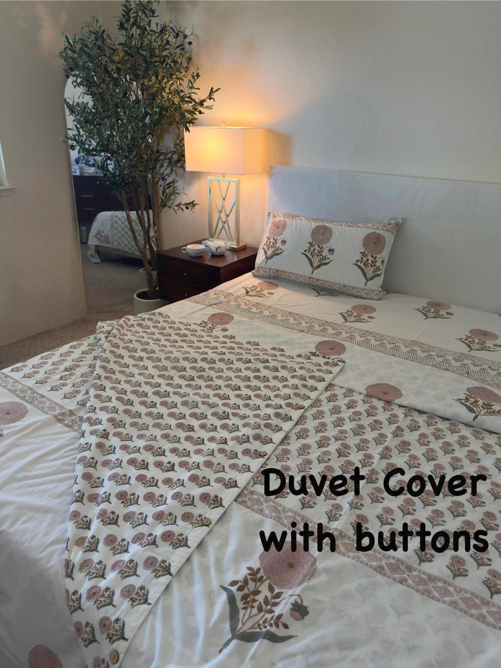 Flat or Fitted Hand Block Printed Peach Dahlia Lightweight Sheet (King, Cal King, Queen, Twin sizes available)