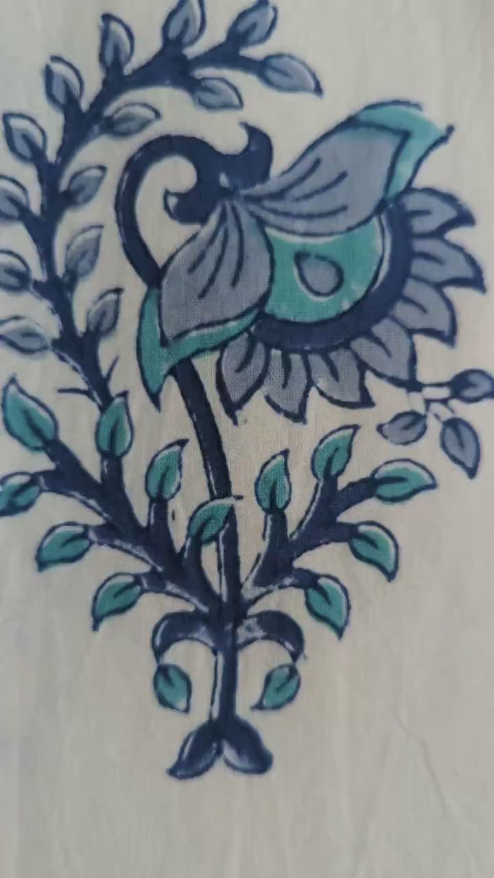 Block Print Organic Cotton Oversized King Symmetric Floral Flat Sheet and Co-ord Pillows (White base with large blue floral pattern)