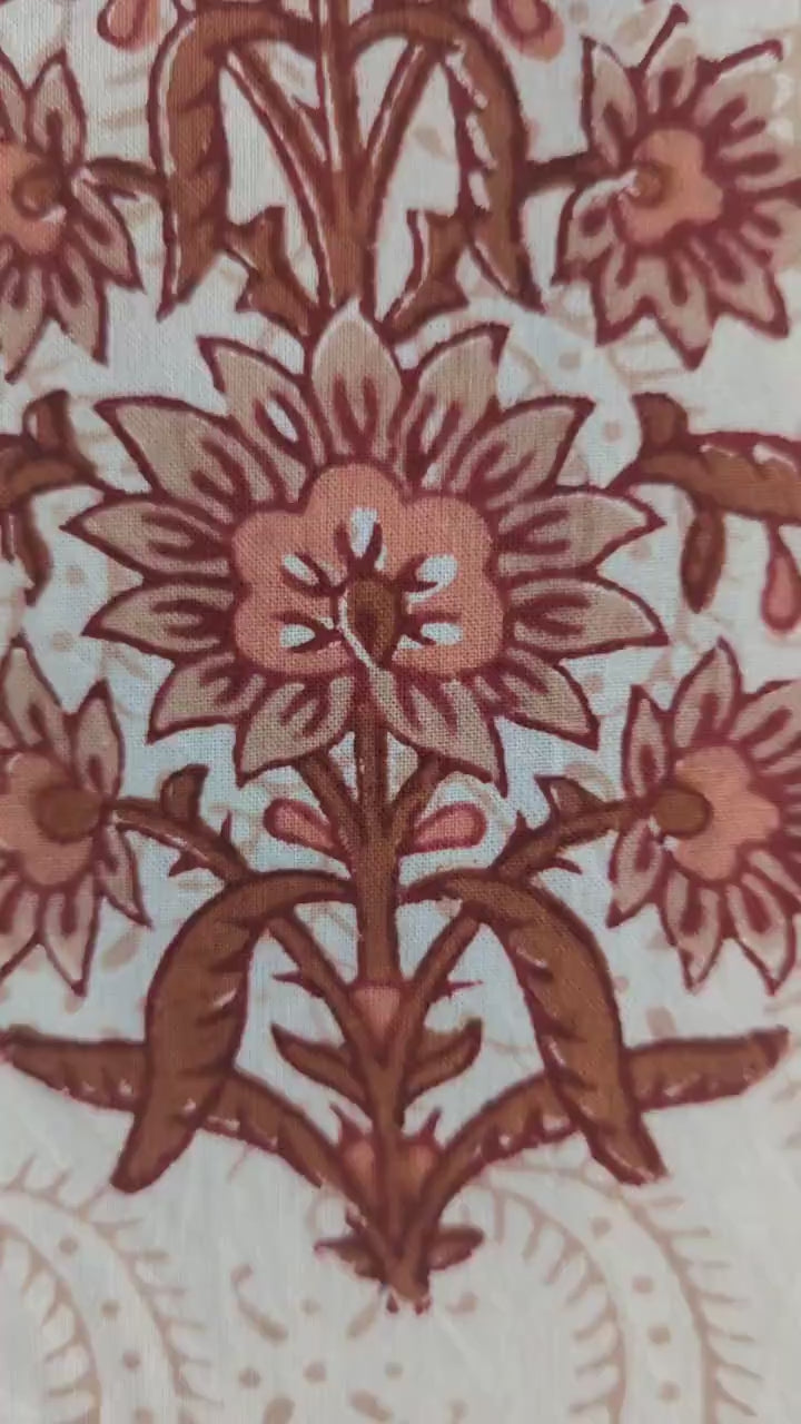 Block Print Organic Cotton Oversized King Floral Flat Sheet and Co-ord Pillows (White base with marroon floral pattern)
