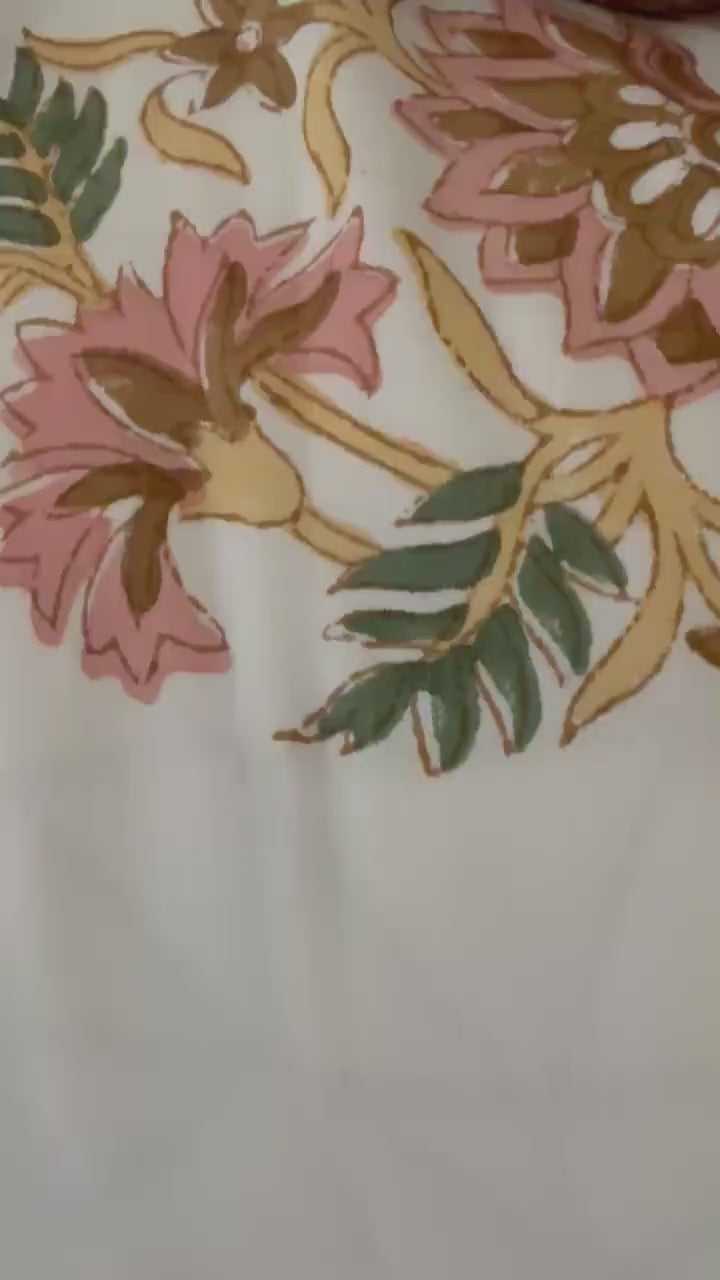 Flat or Fitted Hand Block Printed Peach Floral Percale Cotton Sheet (King and Queen sizes available)