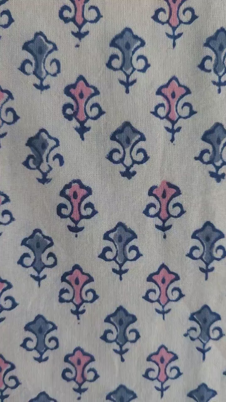 Block Print Organic Cotton Oversized King Symmetric Floral Flat Sheet and Co-ord Pillows (White base with pink blue floral pattern)