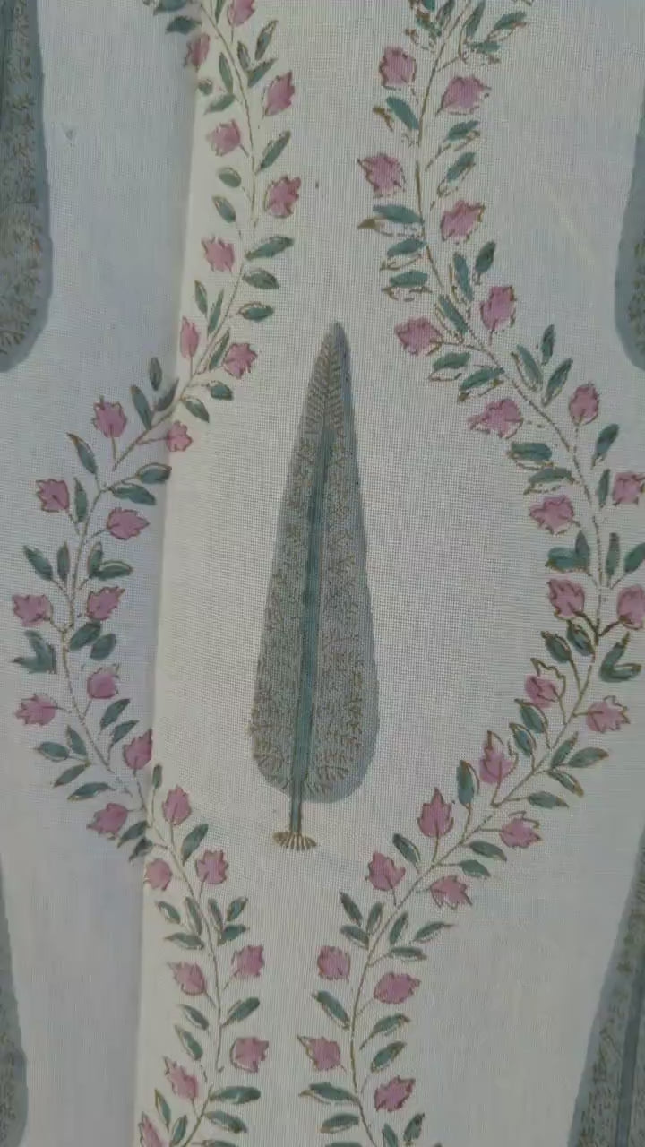 Linen Hand Block Floral Oversized King Flat Sheet (White base with pink and gray floral pattern)