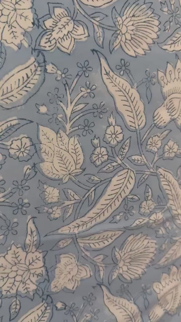 Vintage Style Jaipuri Hand Block Blue Floral Percale Cotton Flat or Fitted Sheet (King and Queen sizes available) with 2 Pillowcases