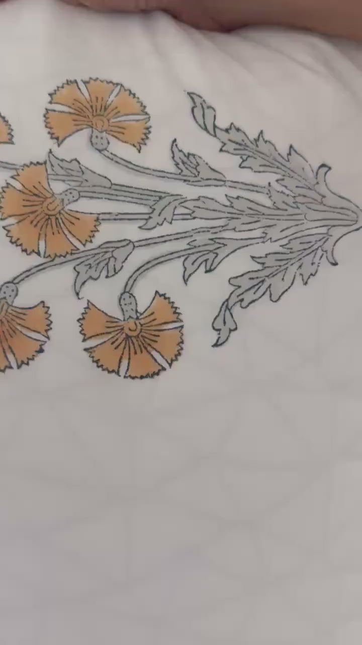 Flat or Fitted Hand Block Printed Pastel Yellow Gray Floral Percale Cotton Sheet (King and Queen sizes available)