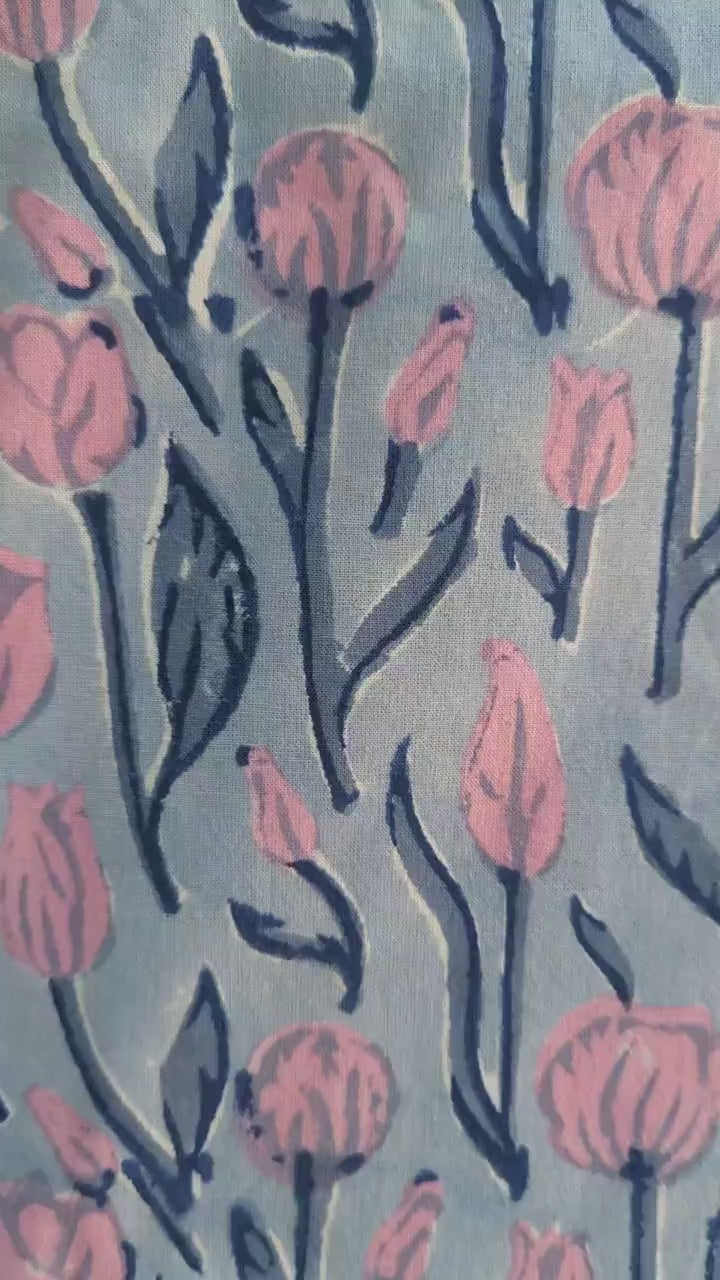 Block Print Organic Cotton Oversized King Tulip Flat Sheet and Co-ord Pillows (Gray base with pink floral pattern)