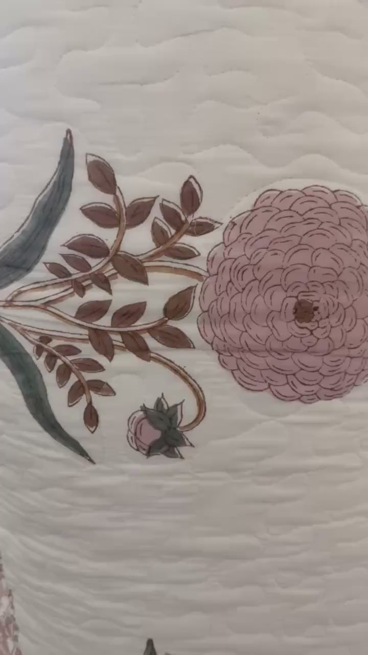 Hand Block Print Quilted Bedspread: Peach Dahlia Design, Queen Size