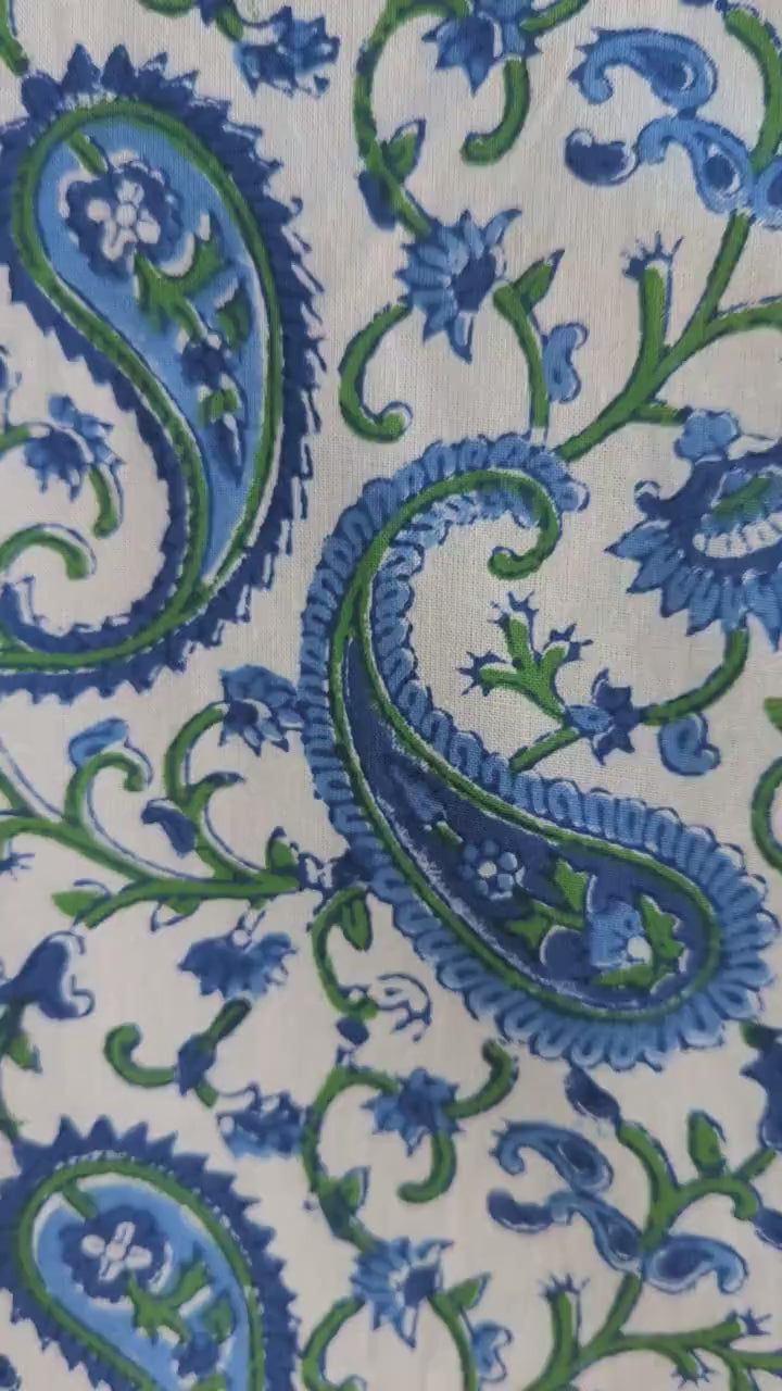 Block Print Organic Cotton Oversized King Floral Flat Sheet and Co-ord Pillows (White base with blue green floral pattern)